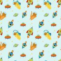 Seamless pattern with various astronaut cats in helmets, spacesuits, playing among the stars in space. Spaceships. Vector illustration