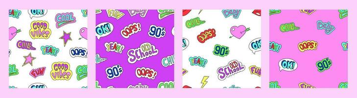 Seamless Pattern Retro 90s set. Hand drawn doodle stickers with speech bubble elements, Memphis style. Colorful lettering. Cartoon label patches with text. Speech bubble elements. Vector background