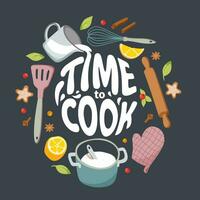 Time to cook lettering. Products and kitchen tools for cooking baking recipes. Food icons and elements. Cartoon vector illustration.