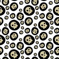 A skull pattern on a black circle in the form of a coin. Cartoon vector seamless pattern of black elements on a white background. Halloween Texture