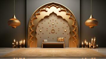 podium background. Ramadan holiday minimalism style . arabic design with shades of beige gold colors. ai generated photo