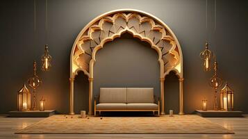 podium background. Ramadan holiday minimalism style . arabic design with shades of beige gold colors. ai generated photo