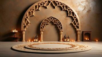 podio antecedentes. Ramadán fiesta minimalismo estilo . Arábica diseño con sombras de beige oro colores. ai generado foto