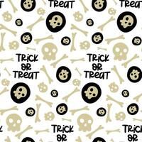 A skull and bones pattern in a seamless Halloween ornament. Vector background with symbols of bones, skulls, circles with skulls, cartoon doodles. Text trick or treat on a white background