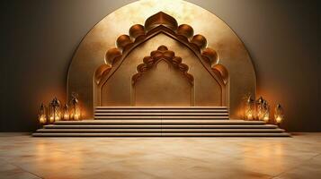 podium background. Ramadan holiday minimalism style . arabic design with shades of beige gold colors. ai generated photo