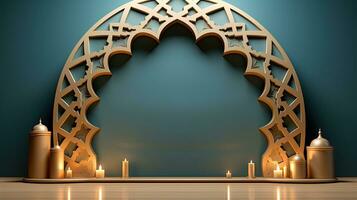 verde podio con beige elementos en Arábica minimalista estilo. podio en el estilo de ramadán, eid mubarak. ai generado foto