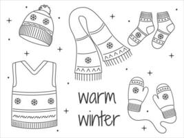 Winter hand drawn set clothes. Line Art Cozy warm clothes. Linear Vector sketch icon isolated on white