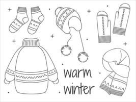 Winter hand drawn set clothes. Line Art Cozy warm clothes. Linear Vector sketch icon isolated on white