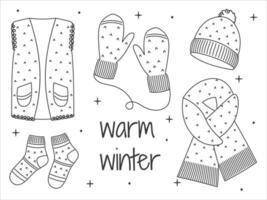 Winter hand drawn set clothes. Line Art Cozy warm clothes. Linear Vector sketch icon isolated on white