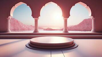 background for the Islamic holiday of Ramadan in a minimalist style, with a podium, with sunlight, in light beige delicate shades and elements of nature. ai generated photo