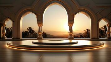 background for the Islamic holiday of Ramadan in a minimalist style, with a podium, with sunlight, in light beige delicate shades and elements of nature. ai generated photo