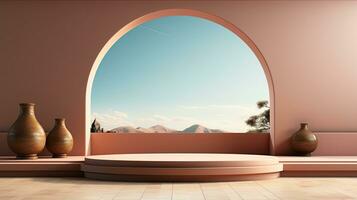 background for the Islamic holiday of Ramadan in a minimalist style, with a podium, with sunlight, in light beige delicate shades and elements of nature. ai generated photo