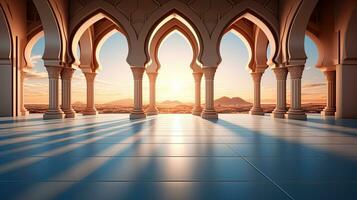 background for the Islamic holiday of Ramadan in a minimalist style, with a podium, with sunlight, in light beige delicate shades and elements of nature. ai generated photo