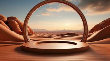 background for the Islamic holiday of Ramadan in a minimalist style, with a podium, with sunlight, in light beige delicate shades and elements of nature. ai generated photo