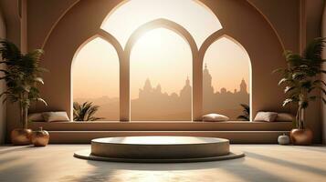 background for the Islamic holiday of Ramadan in a minimalist style, with a podium, with sunlight, in light beige delicate shades and elements of nature. ai generated photo