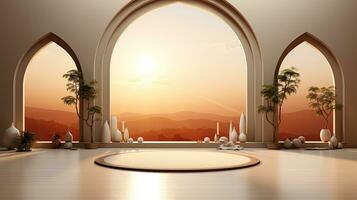 background for the Islamic holiday of Ramadan in a minimalist style, with a podium, with sunlight, in light beige delicate shades and elements of nature. ai generated photo