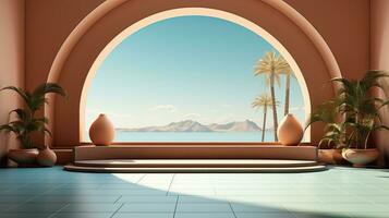 background for the Islamic holiday of Ramadan in a minimalist style, with a podium, with sunlight, in light beige delicate shades and elements of nature. ai generated photo