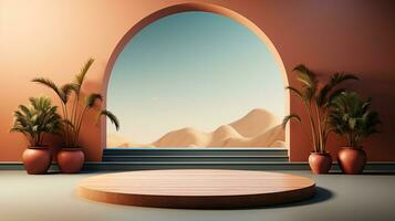background for the Islamic holiday of Ramadan in a minimalist style, with a podium, with sunlight, in light beige delicate shades and elements of nature. ai generated photo