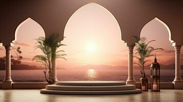 background for the Islamic holiday of Ramadan in a minimalist style, with a podium, with sunlight, in light beige delicate shades and elements of nature. ai generated photo