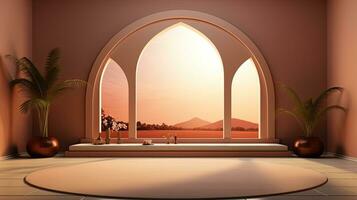 background for the Islamic holiday of Ramadan in a minimalist style, with a podium, with sunlight, in light beige delicate shades and elements of nature. ai generated photo