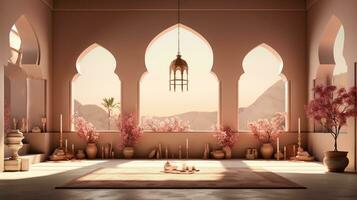 background for the Islamic holiday of Ramadan in a minimalist style, with a podium, with sunlight, in light beige delicate shades and elements of nature. ai generated photo