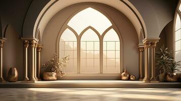 background for the Islamic holiday of Ramadan in a minimalist style, with a podium, with sunlight, in light beige delicate shades and elements of nature. ai generated photo