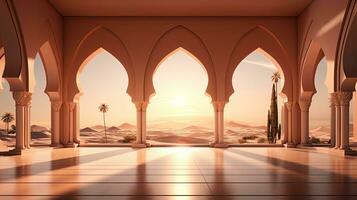 background for the Islamic holiday of Ramadan in a minimalist style, with a podium, with sunlight, in light beige delicate shades and elements of nature. ai generated photo