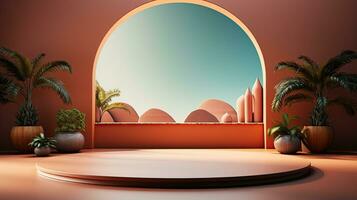 background for the Islamic holiday of Ramadan in a minimalist style, with a podium, with sunlight, in light beige delicate shades and elements of nature. ai generated photo