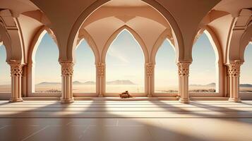 background for the Islamic holiday of Ramadan in a minimalist style, with a podium, with sunlight, in light beige delicate shades and elements of nature. ai generated photo