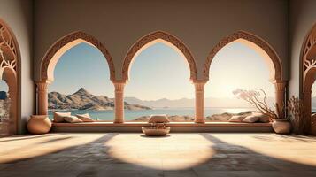 background for the Islamic holiday of Ramadan in a minimalist style, with a podium, with sunlight, in light beige delicate shades and elements of nature. ai generated photo