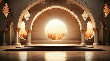 background for the Islamic holiday of Ramadan in a minimalist style, with a podium, with sunlight, in light beige delicate shades and elements of nature. ai generated photo