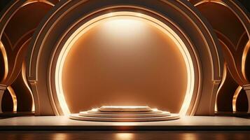 background for the Islamic holiday of Ramadan in a minimalist style, with a podium, with sunlight, in light beige delicate shades and elements of nature. ai generated photo