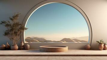 background for the Islamic holiday of Ramadan in a minimalist style, with a podium, with sunlight, in light beige delicate shades and elements of nature. ai generated photo
