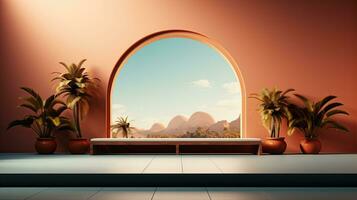 background for the Islamic holiday of Ramadan in a minimalist style, with a podium, with sunlight, in light beige delicate shades and elements of nature. ai generated photo