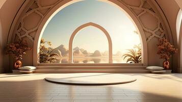 background for the Islamic holiday of Ramadan in a minimalist style, with a podium, with sunlight, in light beige delicate shades and elements of nature. ai generated photo