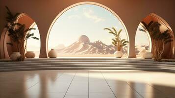 background for the Islamic holiday of Ramadan in a minimalist style, with a podium, with sunlight, in light beige delicate shades and elements of nature. ai generated photo