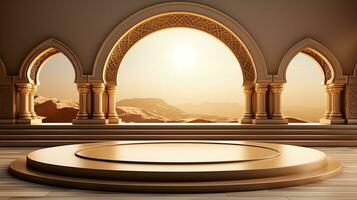 background for the Islamic holiday of Ramadan in a minimalist style, with a podium, with sunlight, in light beige delicate shades and elements of nature. ai generated photo