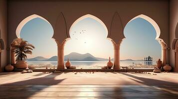 background for the Islamic holiday of Ramadan in a minimalist style, with a podium, with sunlight, in light beige delicate shades and elements of nature. ai generated photo