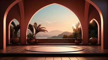 background for the Islamic holiday of Ramadan in a minimalist style, with a podium, with sunlight, in light beige delicate shades and elements of nature. ai generated photo