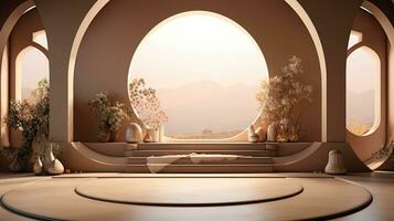 background for the Islamic holiday of Ramadan in a minimalist style, with a podium, with sunlight, in light beige delicate shades and elements of nature. ai generated photo