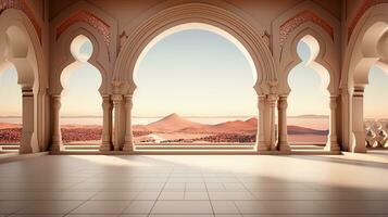 background for the Islamic holiday of Ramadan in a minimalist style, with a podium, with sunlight, in light beige delicate shades and elements of nature. ai generated photo