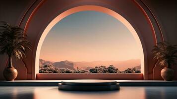 background for the Islamic holiday of Ramadan in a minimalist style, with a podium, with sunlight, in light beige delicate shades and elements of nature. ai generated photo