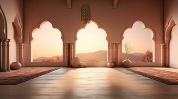 background for the Islamic holiday of Ramadan in a minimalist style, with a podium, with sunlight, in light beige delicate shades and elements of nature. ai generated photo