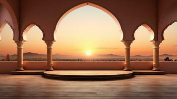 background for the Islamic holiday of Ramadan in a minimalist style, with a podium, with sunlight, in light beige delicate shades and elements of nature. ai generated photo