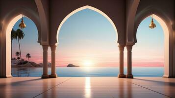 background for the Islamic holiday of Ramadan in a minimalist style, with a podium, with sunlight, in light beige delicate shades and elements of nature. ai generated photo