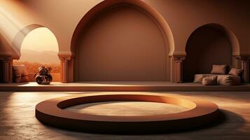 background for the Islamic holiday of Ramadan in a minimalist style, with a podium, with sunlight, in light beige delicate shades and elements of nature. ai generated photo