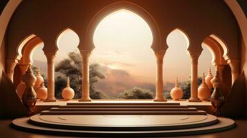 background for the Islamic holiday of Ramadan in a minimalist style, with a podium, with sunlight, in light beige delicate shades and elements of nature. ai generated photo