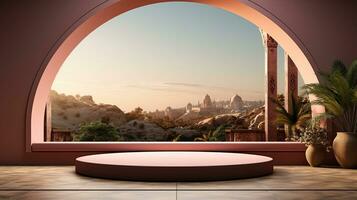 background for the Islamic holiday of Ramadan in a minimalist style, with a podium, with sunlight, in light beige delicate shades and elements of nature. ai generated photo