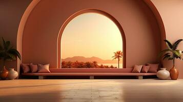 background for the Islamic holiday of Ramadan in a minimalist style, with a podium, with sunlight, in light beige delicate shades and elements of nature. ai generated photo