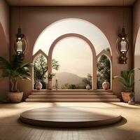 background for the Islamic holiday of Ramadan in a minimalist style, with a podium, with sunlight, in light beige delicate shades and elements of nature. ai generated photo